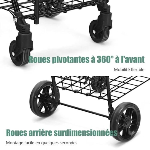 COSTWAY Sammenklappelig Shoppingvogn - 4 Hjul - 2 Kurv (48L + 10L), Stål - Maks. belastning: 20 KG - Indkøbskurv-Sort Svart