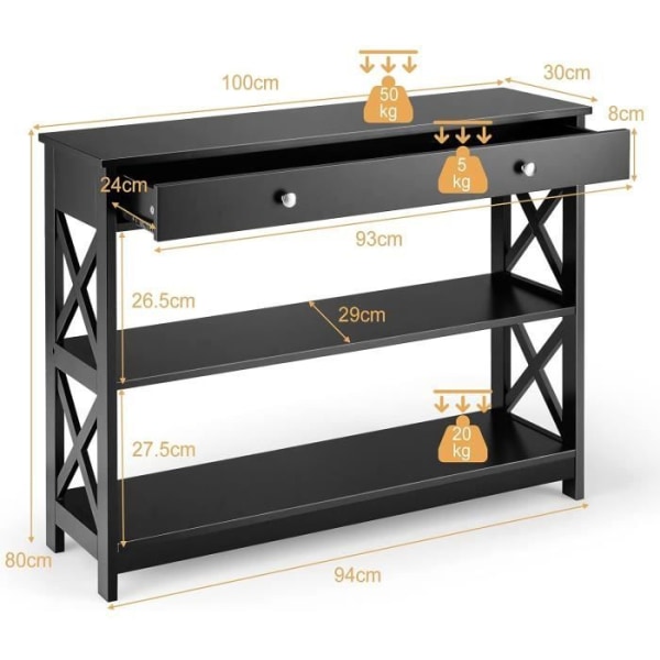 COSTWAY konsol, indgangsenhed - 100 x 30 x 80 CM - 1 skuffe og 2 opbevaringshylder til entre, stue sort