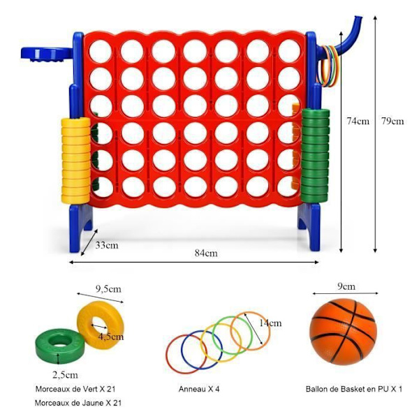 COSTWAY Spil Power 4 Giant Multifunktion 3 i 1 med Basketball Hoop Side Ring Game 42 ringe til børn Blå röd och blå