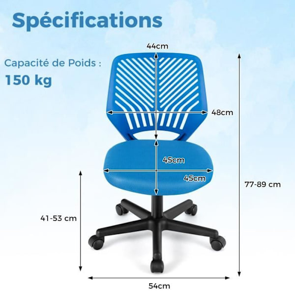 COSTWAY Ergonomisk kontorsstol i mesh, justerbar sitthöjd 41-53 cm, för barn, tonåring, vuxen, blå Blå