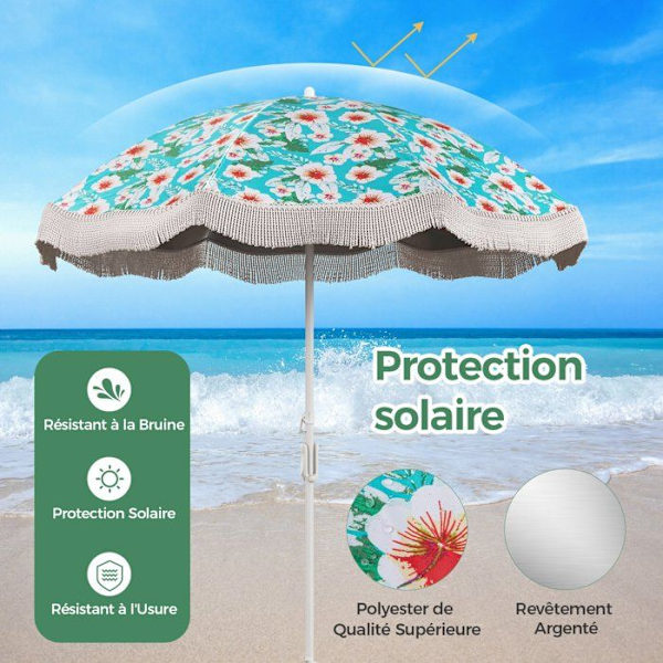 COSTWAY strandparasol φ200 cm med frynser, trykknaptilt, sandanker, 8 robuste ribben, bæretaske