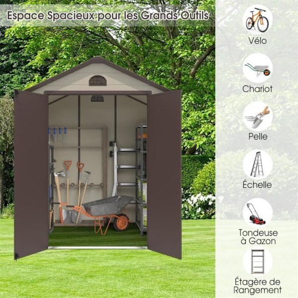 COSTWAY Metal Haveskur 8,3m3 192,5 x 191 x 227 cm med 2 hængslede døråbninger, 2 gennemsigtige vinduer, dørrampe Beige+Brun