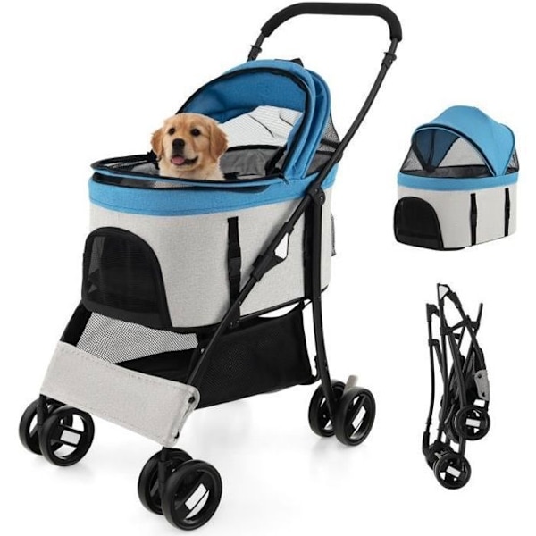 COSTWAY hopfällbar buggyvagn för djur - Justerbar kapell, avtagbar kudde, 4 hjul - Last 15KG - Vagn för katt - Hund - Blå