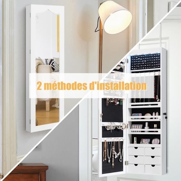 COSTWAY Väggmonterat smyckesskåp LED-smyckesförvaring med spegel, 6 lådor Justerbar krokhöjd 120x36,5x11,5cm Trä