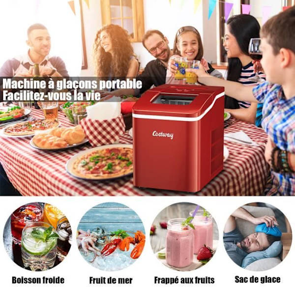 Kannettava COSTWAY-jääpalakone 12 kg/24 h 9 jääkuutiota per 8 min 1,6 litran säiliö, itsepuhdistuva, LCD-näyttö 120 W, Home Red Röd