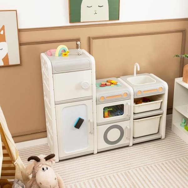 COSTWAY Børneopbevaringsmøbel med Magnetisk Whiteboard 5 Markører & 1 Slettern til 3 År+ Hvid, beige og grå