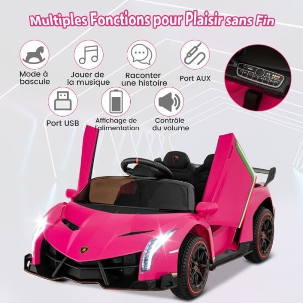 Lamborghini Elbil 12V/7 Ah til børn, 2,4 G Fjernbetjening, Hydrauliske døre, LED, Horn, MP3, USB, 3-8 år, Pink Rosa