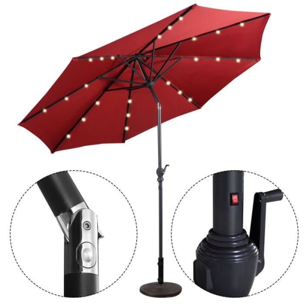 COSTWAY Parasol Déporté Inclinable Dia.3×2,5M med 24 LED Robust Metalstruktur, UV-beskyttende til Terrasse Havealtan, Rød