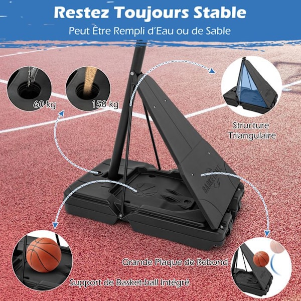 COSTWAY Fritstående Basketball Bøjle - Justerbar højde 150-305 CM - Ubrydelig bagplade - Rebound Plate - Stativ med hjul