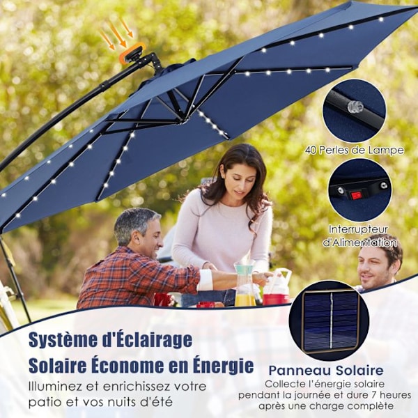 COSTWAY Uteparasol φ300 x 250 cm - 40 LED Kryssfot - Nejustering 0 till 35 ° - Veva - 360° rotation - Blå