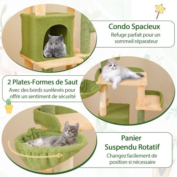 COSTWAY Multi-Level Cactus Cat Tree 160 CM, Sisal skrapstolpar, lägenhet, sittpinnar, hängande leksaker, plattformar Grönt och orange