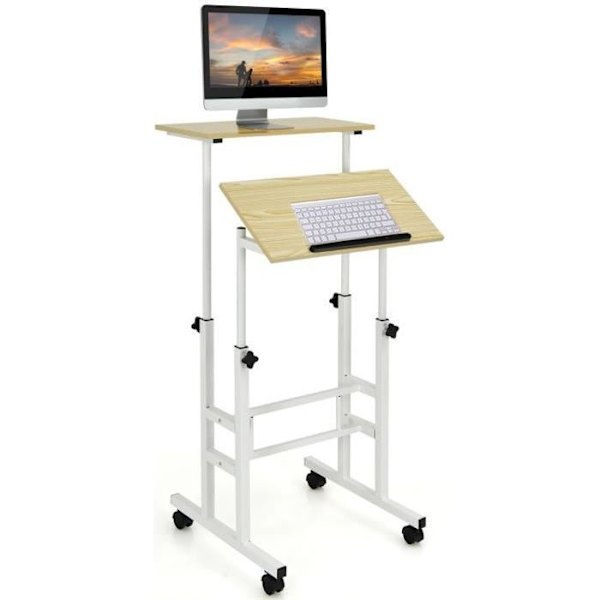 COSTWAY Sid-Stå-skrivebord med hjul Computerbord Højdejusterbar vippearbejdsstation Naturlig Naturlig