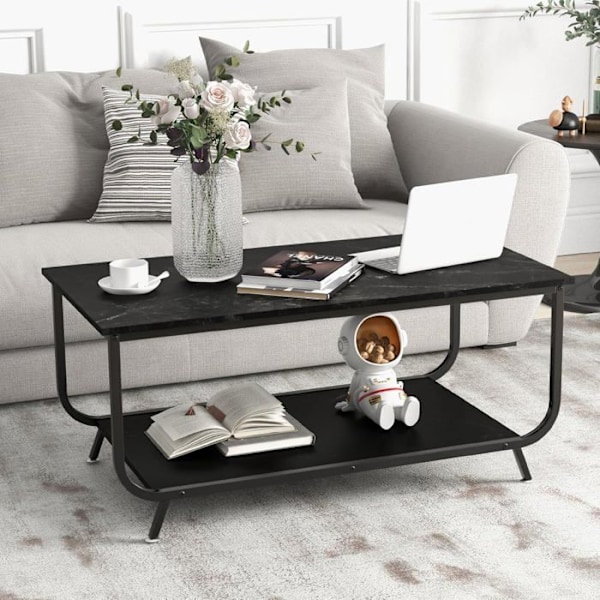 COSTWAY Sofabord med 2 niveauer og marmorlook, 105x55x46,5 CM, moderne rektangulært metalbord i sort
