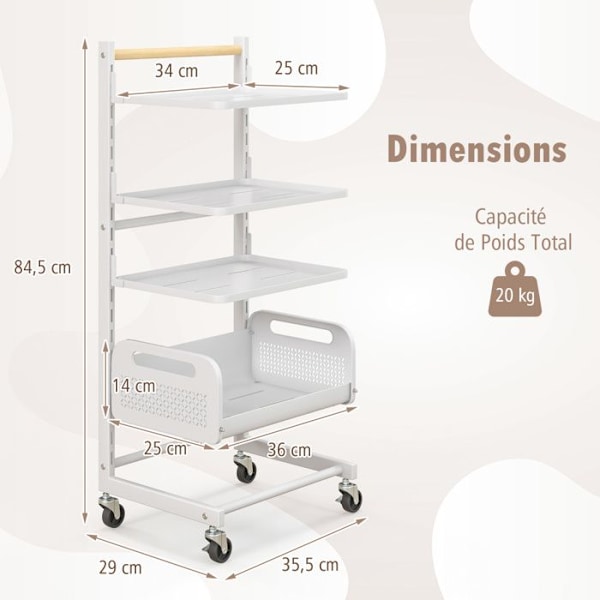 COSTWAY 3 -tasoinen säilytyskärry 1 monitoimikorin korkeudella säädettävät tasot ja lukittavat pyörät 35,5x29x84,5cm Vit