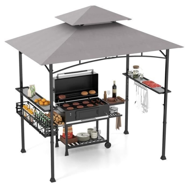 Grill Gazebo 242x153 cm COSTWAY-2 Nivå tak-2 sidohyllor-Förvaringskorg-Fjädringskrokar-Flasköppnare