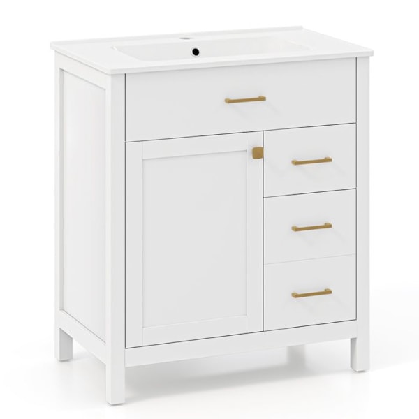 COSTWAY Badeværelsesmøbel med vask, 2 skuffer og 2 låger, Keramisk vask, til badeværelse, 76 x 46,5 x 86 cm, Hvid Vit
