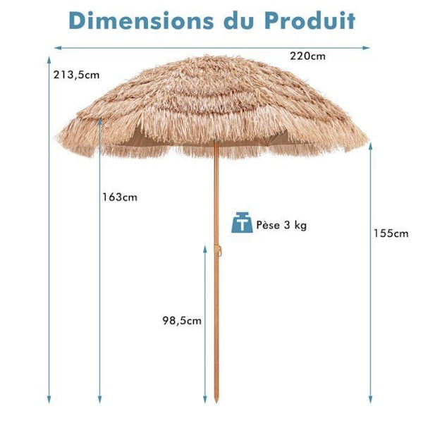 COSTWAY Hawaiian Tilting Beach Paraply - Ø220 x H213,5 cm - 7-lagers PP halmtak - 8 ribbor - 30° justerbar Naturlig