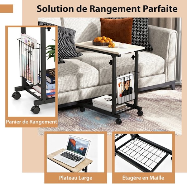 COSTWAY Rullende C-formet Sidebord, Højdejusterbar 58-80 cm, med Opbevaringskurv, til Sofa, Naturlig