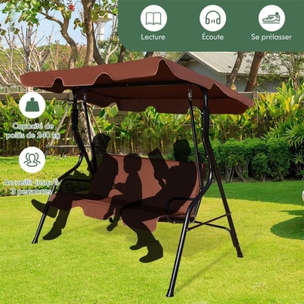 COSTWAY Trädgårdsgunga till fots för 3 personer med justerbart vattentätande tak för trädgårdsterrass Max belastning 210 kg-kaffe