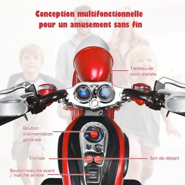 COSTWAY 6V elektrisk motorcykel för barnskoter med 3 hjul ljus- och ljudeffekt, 3 km/h Max, ålder 3+ Chopper Style Röd