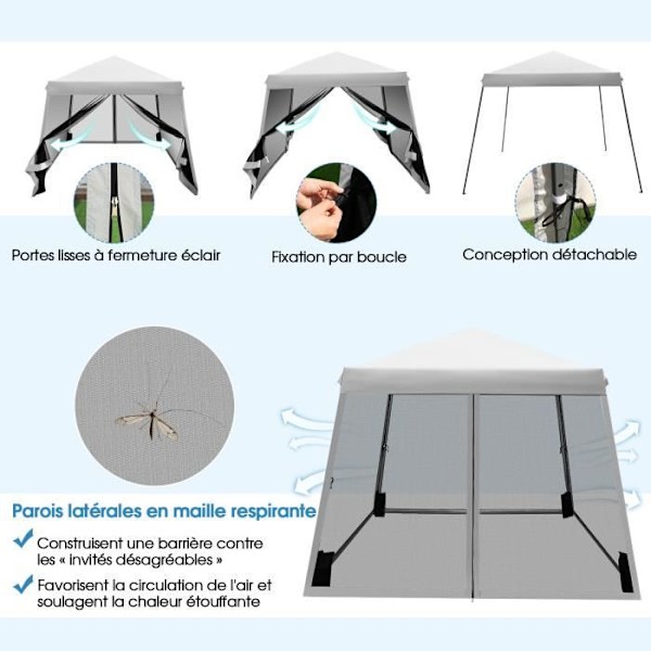 COSTWAY Instant Folding Barnum Gazebo 3x3 m - Mesh sidoväggar - Lutande ben - Hjulförsedd väska - Höjdjusterbar - Grå Vit