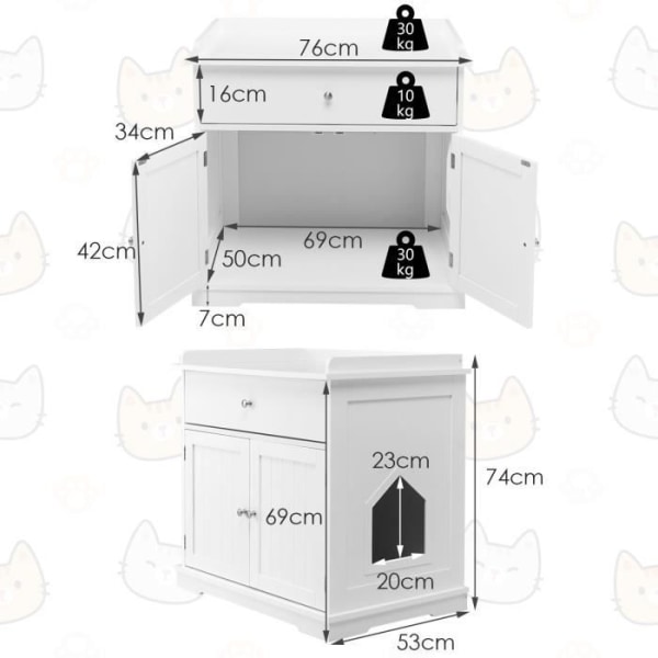 COSTWAY Kattoaletthus med låda och 2 dörrar, 76 x 53 x 74 CM, Möbel-Krönlåda för Vardagsrum, Sovrum och Balkong