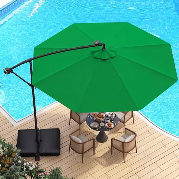 COSTWAY Parasol Med Sidostöd 3M med 40 LED-lampor Solpanel 6 Timmar, Korsbas Sandväska UV 20+ Polyester Tyg