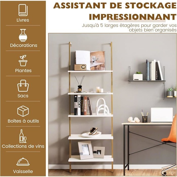 COSTWAY Væghylde med 5 niveauer 60 x 30 x 180 CM, Stige Bibliotek med Skridsikre Fødder og Struktur i Guld Stål