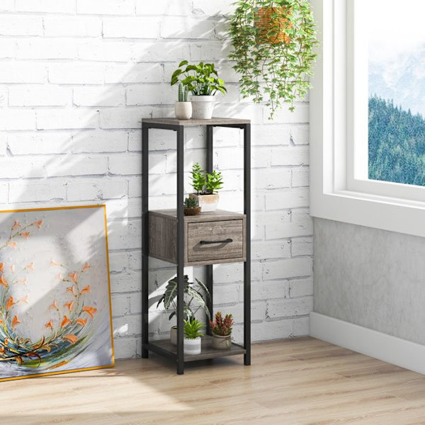 COSTWAY 3-vånings fyrkantigt växtställ med 1 låda, 2 tippskydd, metallhylla för blommor för balkong, vardagsrumskontor Färg: Grå och svart