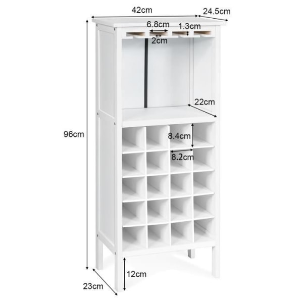 COSTWAY Pine Wine Rack 20 flaskkapacitet och mugghållare, 42x24,5x96 cm för källare, kök, vardagsrum, vit Vit