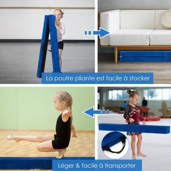 Vikbar gymnastikbalk för barn - COSTWAY - Blå mockaöverdrag - 210 cm - 70 kg