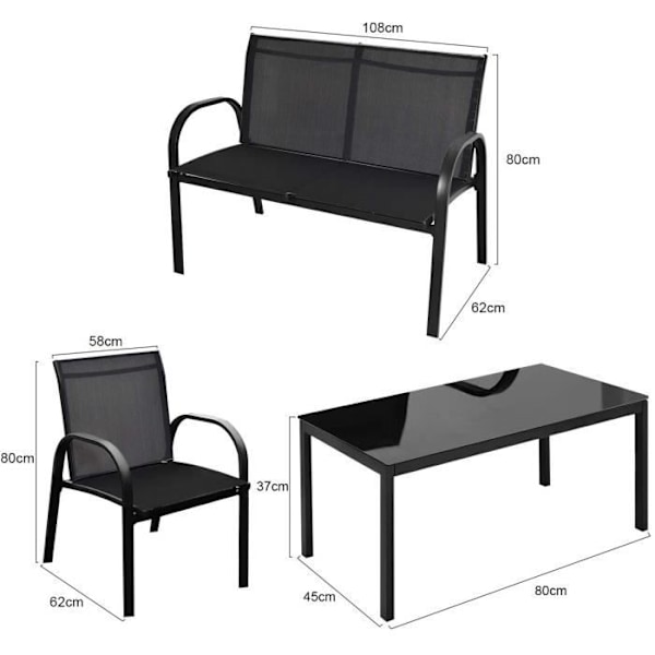 COSTWAY Trädgårdsmöbelset 4-sits, 2 fåtöljer, 1 soffa och 1 soffbord i glas, anti-UV-textiltyg, svart