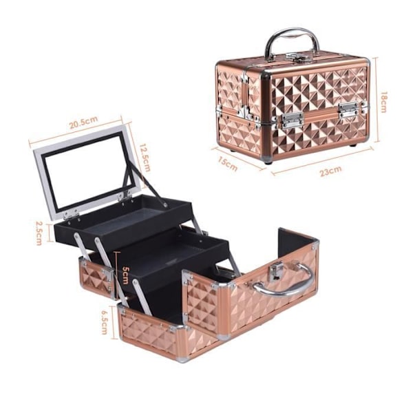 COSTWAY Makeup-etui med spejl og lås Bærbart skønhedsetui 23 x 15 x 18 cm til toiletbord, syudstyr