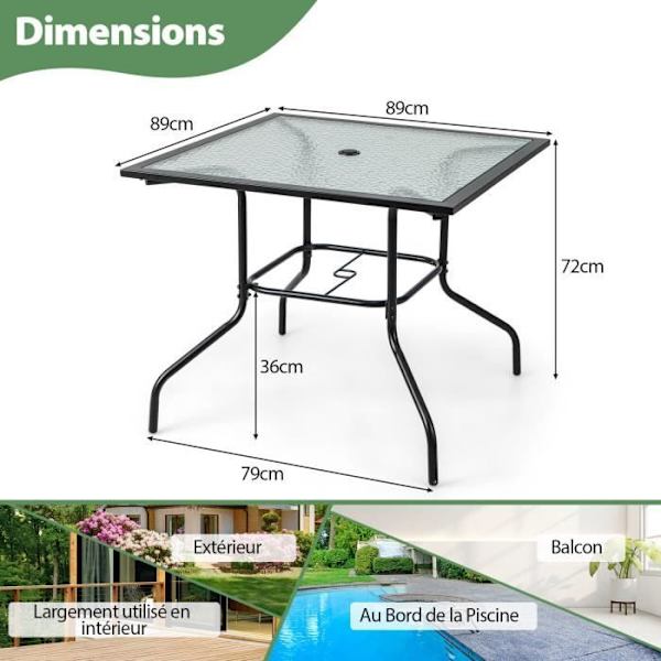 COSTWAY Firkantet havebord i hærdet glas - 38 mm parasolhul til 4 personer - sidebord til terrasse, pool, balkon Svart