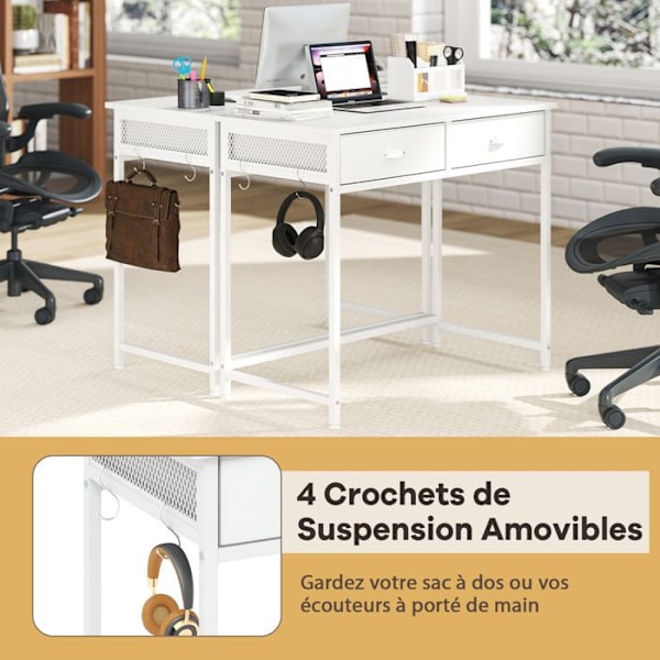COSTWAY Computer Desk med 2 Stofskuffer - 4 Hængende Kroge 90 x 45 x 75 cm - Metalramme til Stue og Soveværelse