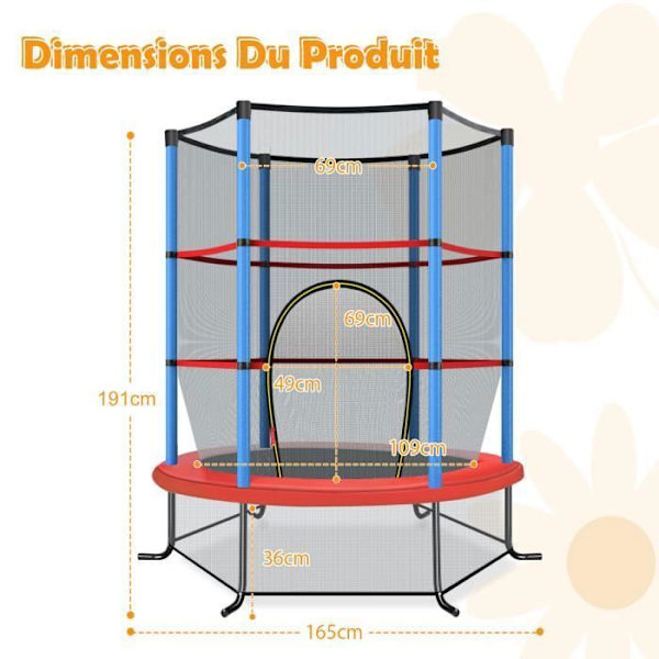 COSTWAY Trampolin til børn med sikkerhedsnet Ø165×1,91H CM-Zip-lukning-Fjederdæksel-6 Polstringstænger-Maksimal belastning 45 kg-Blå