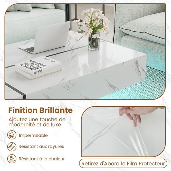 LED Kaffeebord COSTWAY 120 x 70 x 35 cm, 3 Förvaringslådor, Rektangulär Centrummöbel för Vardagsrum, Vit Marmorimitation Vit