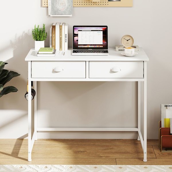 COSTWAY Computer Desk med 2 Stofskuffer - 4 Hængende Kroge 90 x 45 x 75 cm - Metalramme til Stue og Soveværelse