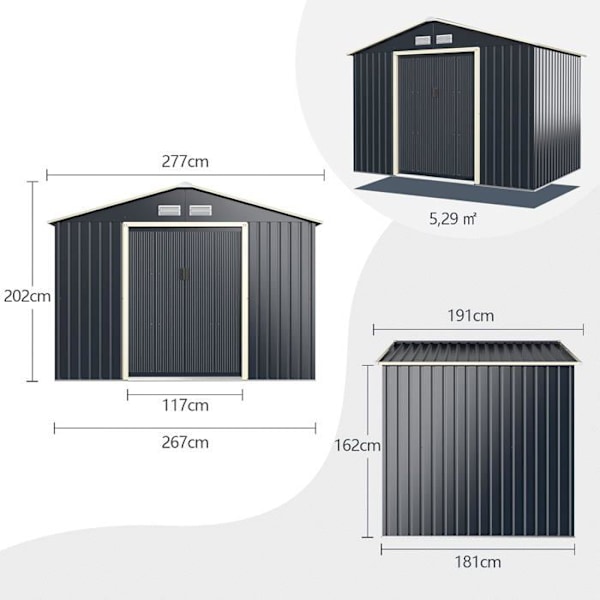 COSTWAY Trädgårdsbod i metall 5,29?277 x 191 x 202 cm med 2 låsbara skjutdörrar 4 ventilationshål Grå för cykel