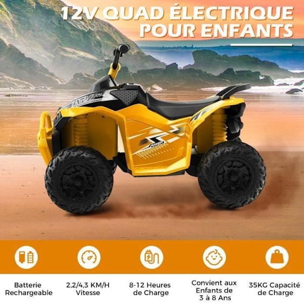 COSTWAY Electric Quad lapsille 12V7Ah, LED, Musiikki, Torvi, Leveät pyörät, Lapsille 3-8 V., 96 x 58 x 70 cm, Keltainen