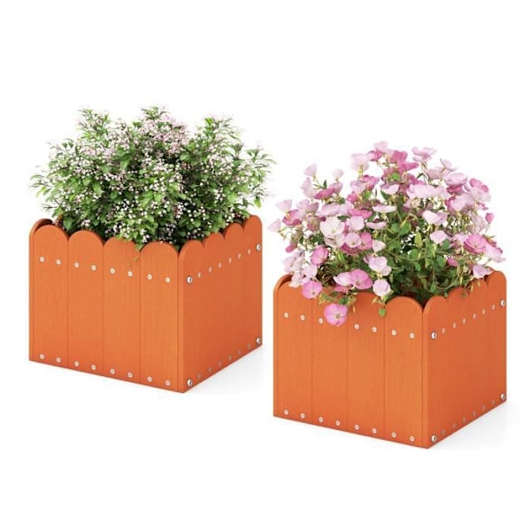 COSTWAY Sæt med 2 HDPE grøntsagshavepladser - Drænhuller, Hegnsdesign, Blomsterkasse - Frugt Blomster Grøntsager - Orange Orange