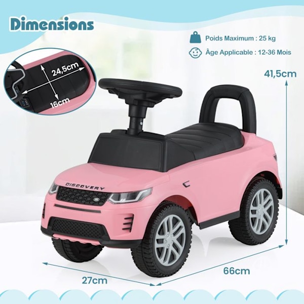COSTWAY Land Rover Porteur til Børn med Rat, Klaxon, Motormet, Opbevaring under Sædet, til 12 til 36 Måneder, 25 kg, Rosa