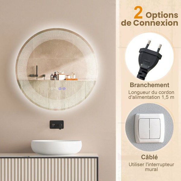 COSTWAY Ø 60 cm Badrumsspegel med mönster - LED, Anti-fog, 3 färger, Minnesfunktion, Tid/Temperatur Display, IP44