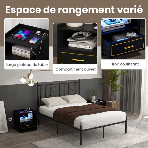 COSTWAY Setti 2 LED-yöpöytää, 1 TYPE-C + 1 USB, 3 valoväriä, älykäs anturi, 45 x 40 x 50 cm, musta Svart
