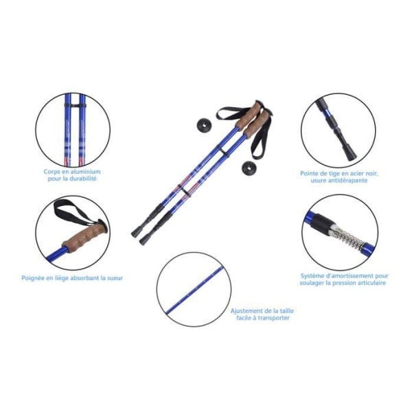 COSTWAY Walking Stick Anti-Shock Aluminium Vandrestang med 3 justerbare længder 65-135CM Blå