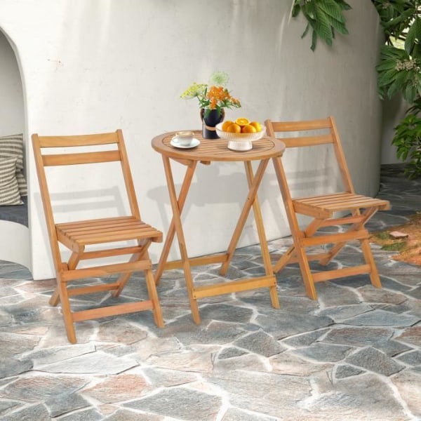 COSTWAY 3st hopfällbar trädgårdsmöbelset i akaciaträ - Set med bord och 2 stolar, ribbad design - Bistro Terrace Lounge