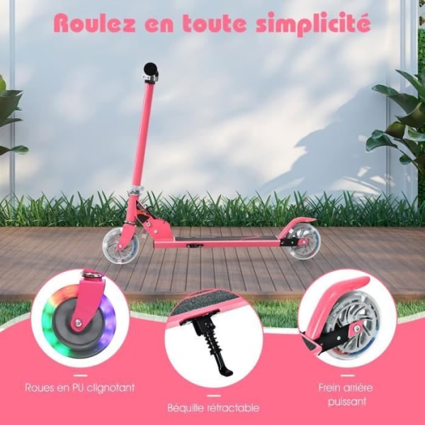 COSTWAY hopfällbar barnskoter 2 blinkande LED-hjul Justerbar höjd Max belastning 70 kg Barn från 4 till 15 år Scooter Rosa