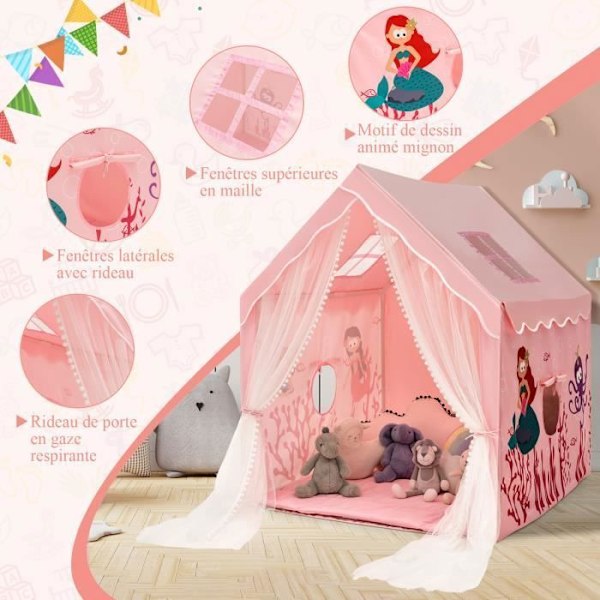 COSTWAY Lektält för barn - Mjuk vadderad kudde - Fönster och gardin för ventilation - i 12+ månader - 121 x 105 x 137 cm - Rosa Rosa
