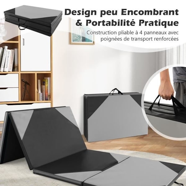 COSTWAY kokoontaittuva voimistelumatto-300 x 117 x 5 cm-4-kerroksinen vaahtomuovi ja PU-kahvoilla Koukku- ja silmukkakiinnikkeet-harmaa+musta Grå+svart