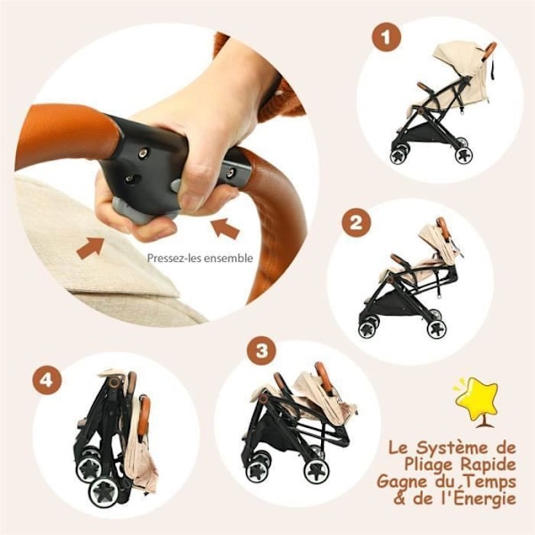 COSTWAY Barnvagn 3 år gammal Enhandsfällbar med stång, justerbart ryggstöd-fotstöd, infällbar kapell, Tether Strap Beige Beige, svart och brun